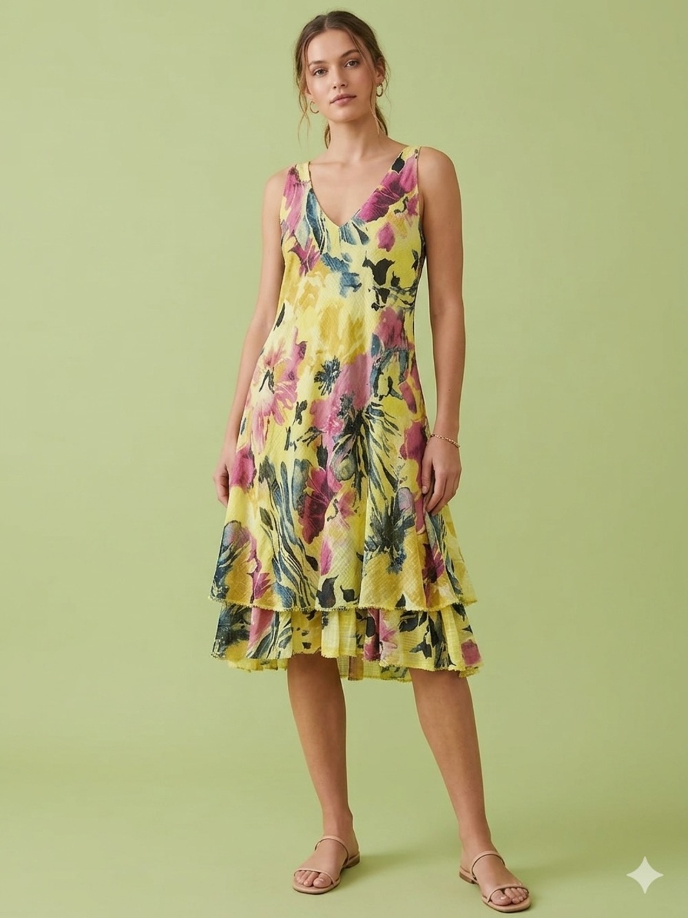 Frocella Floral Yellow V-Neck  Dress cotton one size Italian hand painted